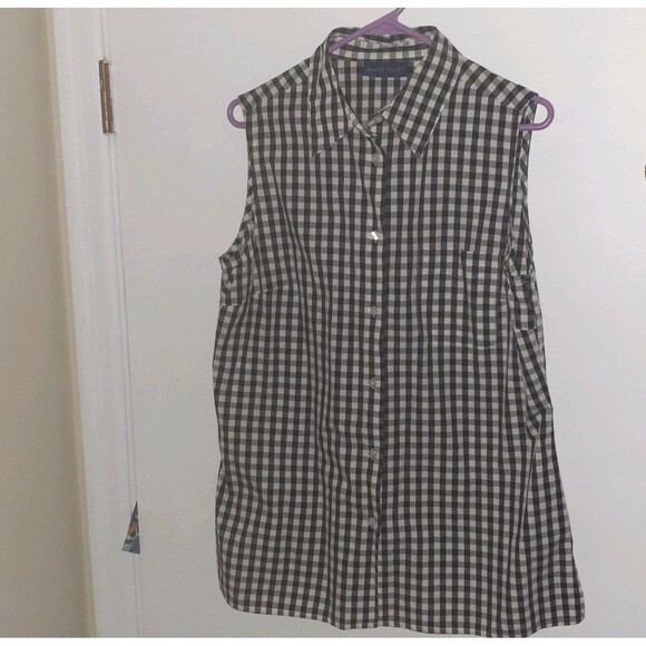 Karen Scott Top L Black White Check Cotton Sleeveless Button-down Summer Shirt - Picture 1 of 5